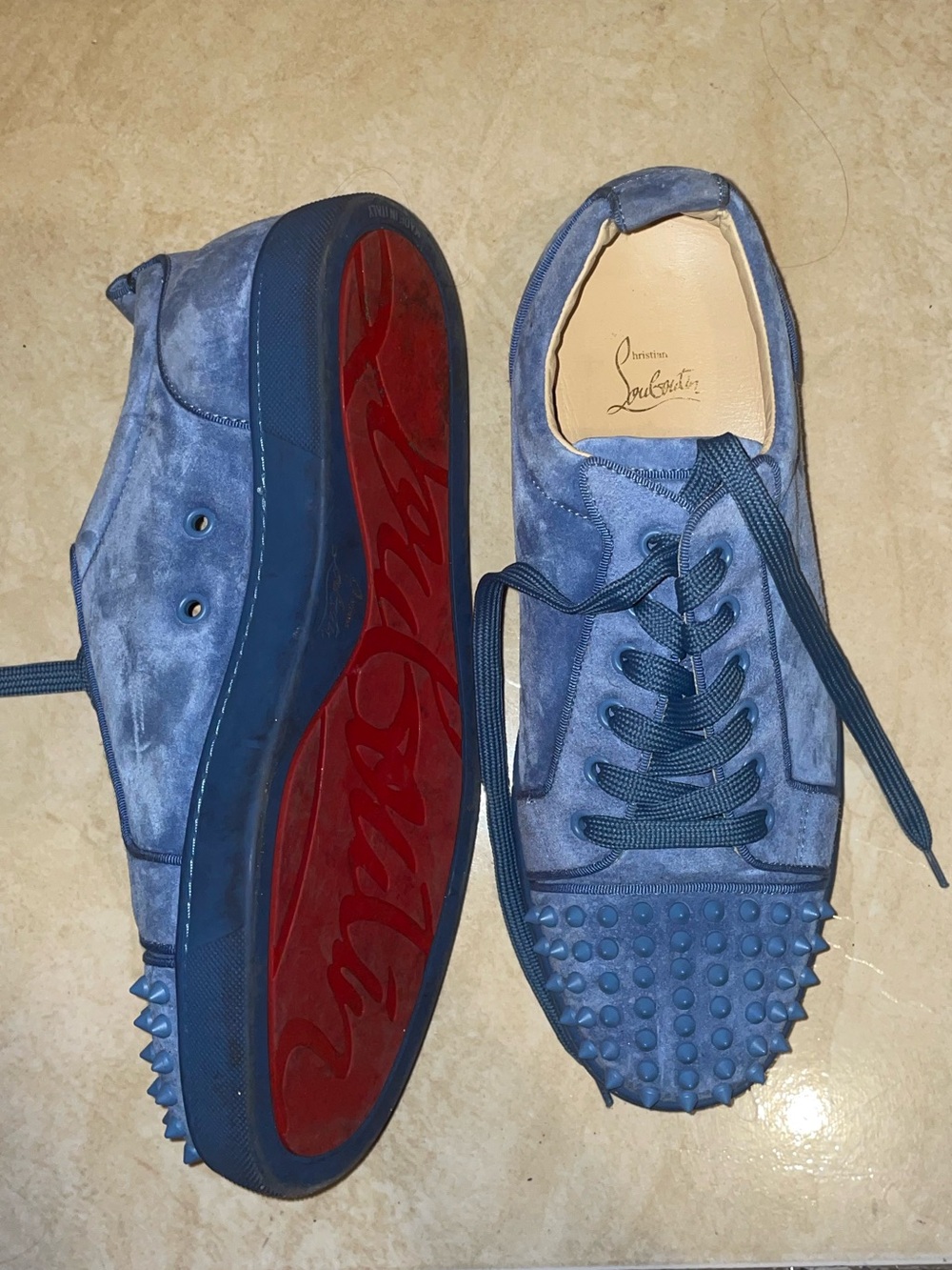 Blue Christian Louboutin Spiked Toe Suede Sneakers